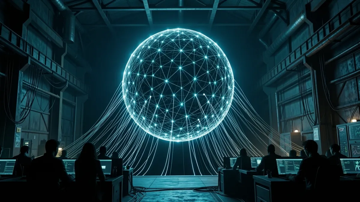 Conceptual image of a coordinated distillation attack on OpenAI's ChatGPT model, showing cables extracting data from a neural network