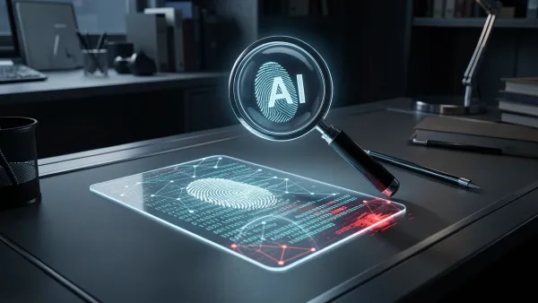 Futuristic holographic magnifying glass analyzing an AI-generated document on a digital desk