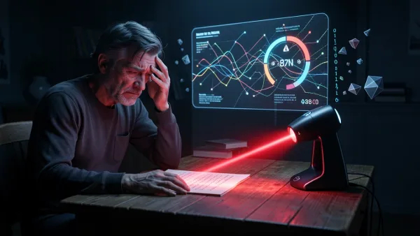 AI detector scanner casting red beam over a writer's manuscript in a dark room