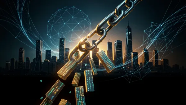 Broken chain link with falling digital code fragments representing OpenAI terminating Cursor contract after SpaceX acquisition.