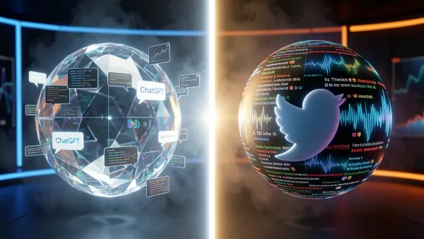 Split cinematic render of two AI orbs representing ChatGPT and Grok facing each other with data and social media motifs.