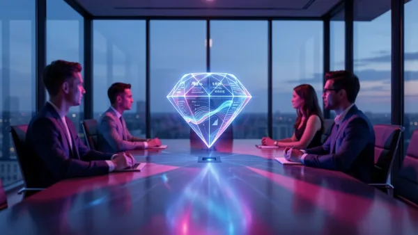 Holographic AI meeting bot avatar at a conference table with human participants