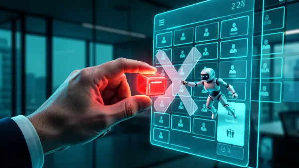 Hand blocking a robot icon from entering a holographic calendar, symbolizing removing Read.ai from Teams meetings.