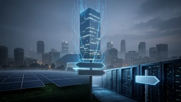 Futuristic 3D render of a glass skyscraper in San Francisco with digital data streams and dual imagery of solar farm and data center.