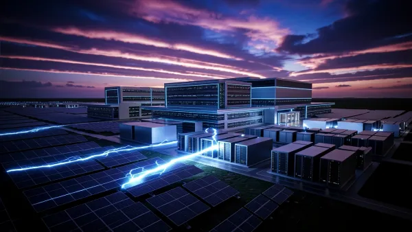 Cinematic 3D render of integrated solar farm and datacenter representing SB Energy's AI infrastructure IPO.