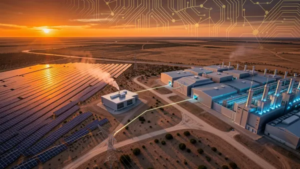 Aerial view of SB Energy's integrated solar farm and AI data center campus with direct power connection