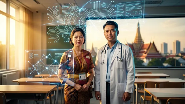 Thai teacher and doctor standing with glowing AI data streams and holographic interfaces in a modern classroom.