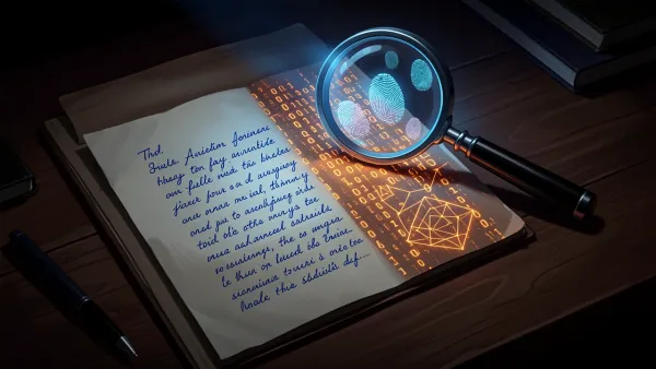 Turnitin AI detection concept showing an essay half human writing half digital code under a magnifying glass.