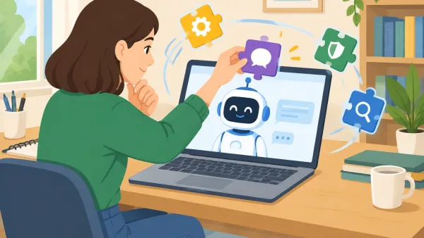 Illustration of a person editing an AI bot character profile on a laptop with personality trait icons floating around