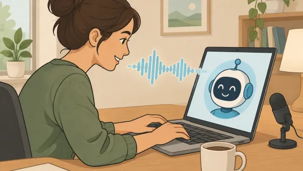 Illustration of a creator at a laptop adding a custom AI voice to a character on screen, with a waveform connecting the character to the creator's ear