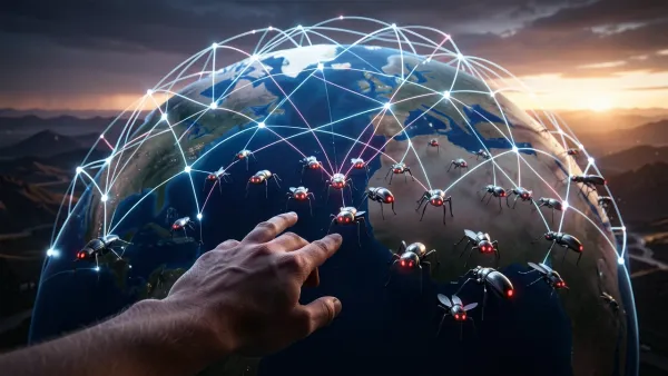 Human hand facing a coordinated swarm of AI agents attacking a global digital network