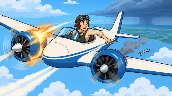 Illustration of a pilot in a small plane looking back at one working engine and one broken engine, symbolizing the gap between AI capability and control.