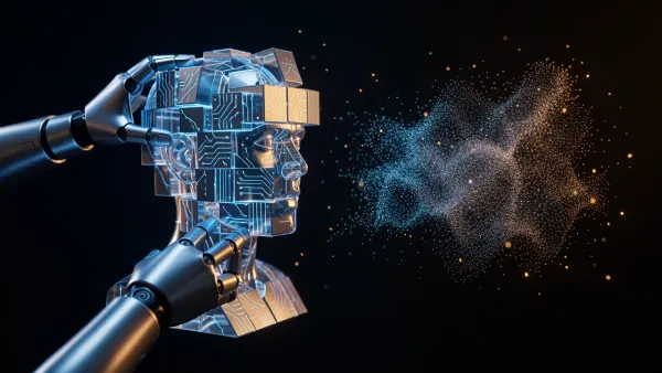 Robotic hands assembling a glowing block-based AI character head, symbolizing structured character definitions.