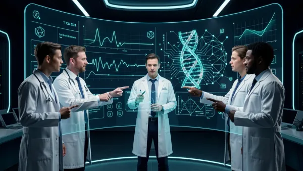 AI clinical data review platform with medical professionals analyzing holographic trial data streams