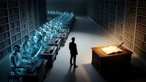 Human figure at a crossroads between identical AI content generators and a single desk with notebook and pen
