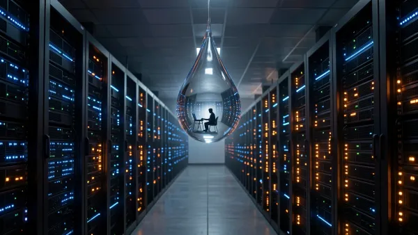 A large water droplet hangs inside a glowing data center, reflecting a person typing, symbolizing the hidden water cost of AI.