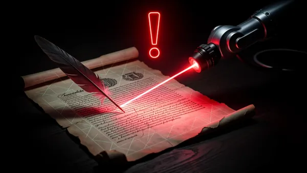 Quill pen and robotic hand scanning parchment, symbolizing AI detector false positive on human writing.