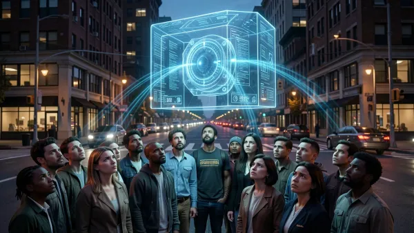 Citizens looking up at a massive holographic AI surveillance node over a city street at dusk, symbolizing trust issues in public safety AI.