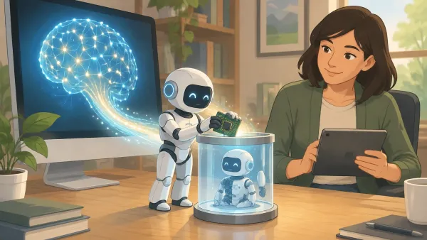 Illustration of an AI on a computer screen creating a smaller robot on a desk while a person calmly watches, representing AI building its own successor.