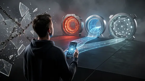 Smartphone projecting a holographic path toward three glowing AI portal gates in a dark digital void