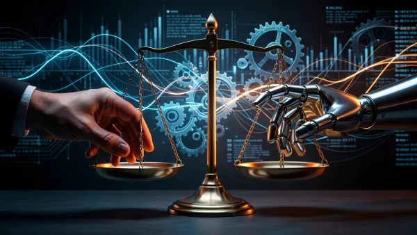 Conceptual image of a scale balancing a human hand and a robotic hand, representing the robot tax debate.