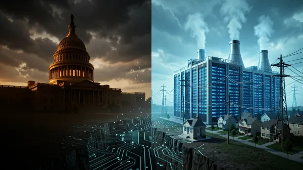 Capitol silhouette and AI data center separated by a chasm symbolizing regulatory vacuum