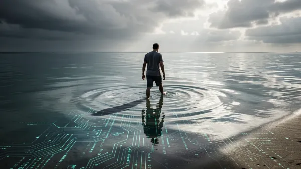 A human figure wading at the edge of a reflective ocean, with one toe touching water that reveals glowing digital code underneath.
