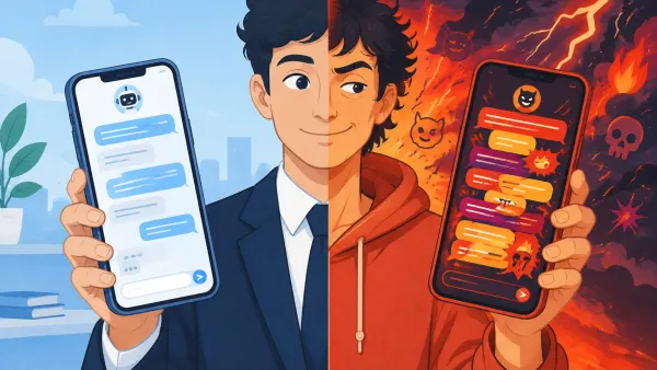 Split-screen illustration comparing Chai AI and Character.AI with calm vs chaotic smartphone interfaces