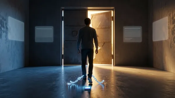 Person stepping from a dark digital room toward a bright open door, broken glowing chains at their feet, symbolizing freedom from AI chatbot addiction.
