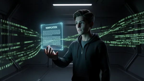A person standing in a dark room before a floating holographic verification screen with streaming data code, representing Character AI age verification and the read-only limbo state.