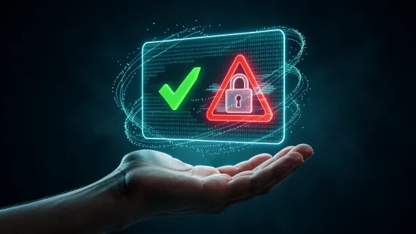Holographic profile card with conflicting green checkmark and red warning padlock, symbolizing a false positive age restriction error