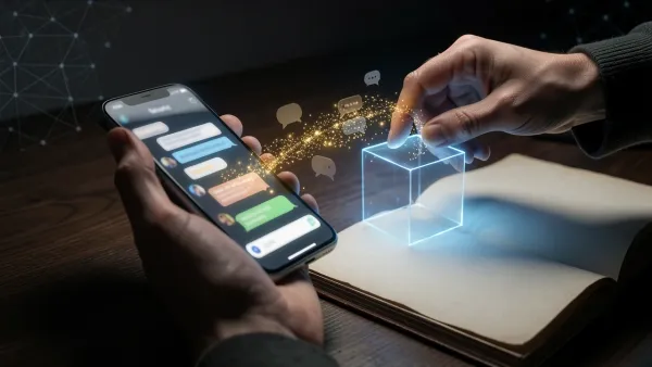 Hands guiding glowing chat bubbles from smartphone into a transparent data archive cube, representing Character.AI chat log export.