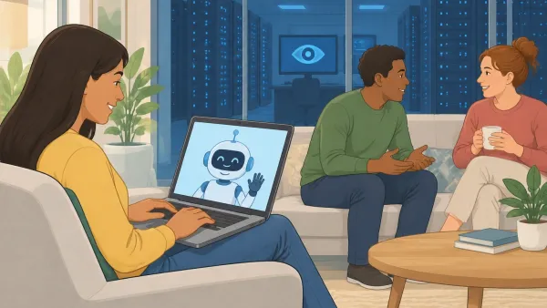 Illustration of a person using Character.AI privately while a server room in the background shows company access.