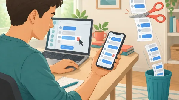 Illustration of a person deleting a Character.AI message on a smartphone while scissors cut a chat thread and deleted messages fall into a trash bin.