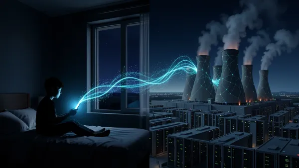 Person using phone at night while glowing data center and cooling towers show AI's hidden environmental cost.