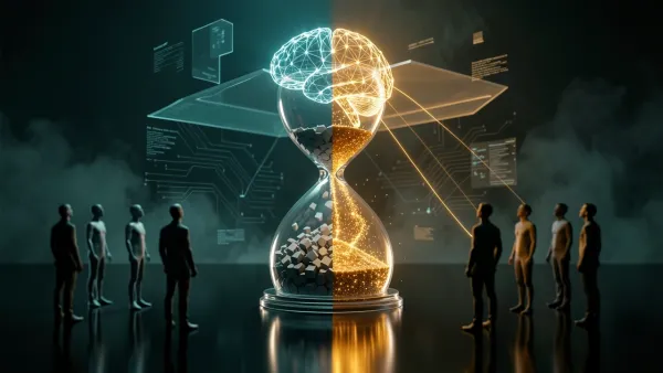 Digital hourglass with glowing gold premium AI brain and gray free-tier particles in dark cinematic split scene