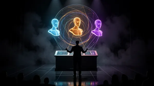 Director silhouette controlling holographic AI characters on a stage, representing Character.AI group chats