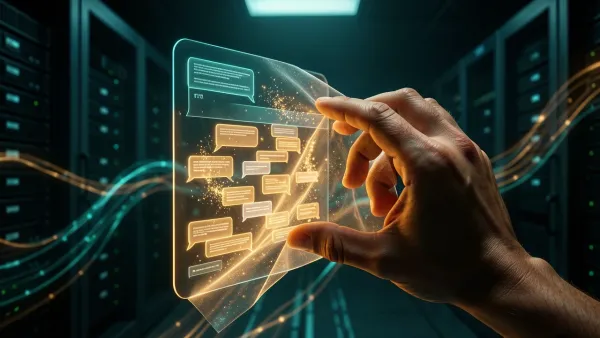 Hand pulling back a digital veil to reveal hidden intact chat bubbles in a holographic AI interface.