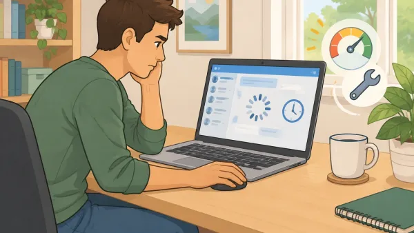 Illustration of a person at a laptop with a loading spinner and speedometer icons, representing Character.AI lag troubleshooting.