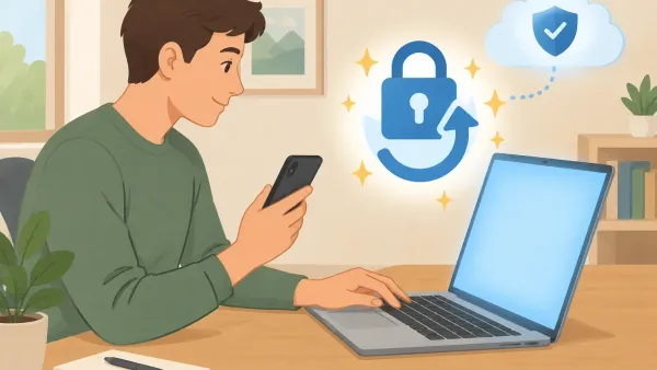 Illustration of a person at a desk with a laptop and smartphone, solving a character.ai login issue with a padlock and refresh icon.