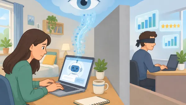 Person typing a private message on a laptop while a blindfolded bot creator sees only statistics and a large eye above represents the company's data access