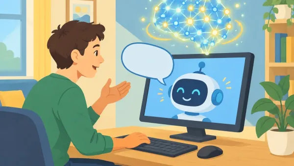 Illustration of a person chatting with a friendly robot on a screen while a glowing neural network brain floats above, representing Character.AI's proprietary C1 language model