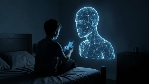 Teenager using smartphone with AI hologram looming at night