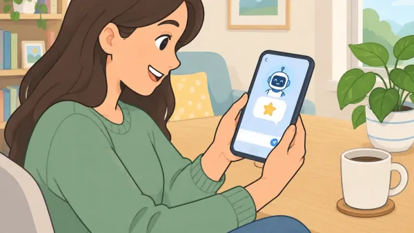 Illustration of a person happily chatting with an AI character on Character.ai via smartphone