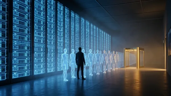Metaphorical AI waiting room queue with digital avatars and golden priority gate before a Character.AI server gateway