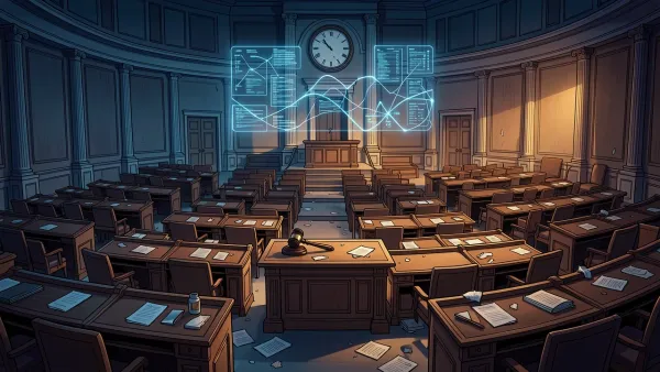 Empty U.S. House chamber with abandoned desks and gavel, holographic data center imagery above seats, symbolizing legislative inaction