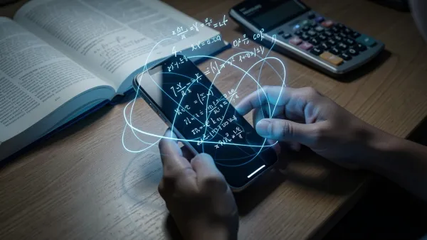 Student using AI homework helper with glowing formulas on phone
