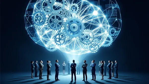 Editorial illustration of AI neural network hovering over hesitant business professionals symbolizing adoption challenge.