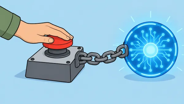Illustration of a human hand pressing a red emergency stop button connected by a chain to a glowing AI sphere, representing human control over artificial intelligence.