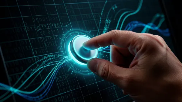 Human finger pressing and holding a glowing button on a futuristic interface for bot detection verification